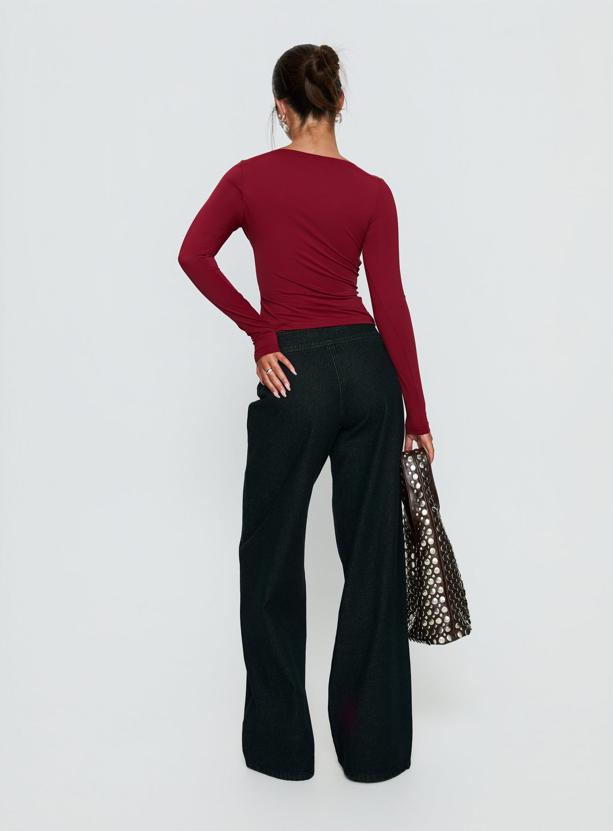 back view of model wearing Princess Polly Boxie Mid Rise Wide Leg Jeans Washed Black Mid Rise Jeans Jeans 