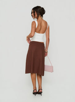 Styled in Such Delight Linen Midi Skirt Chocolate womens-skirts back view of model wearing Princess Polly