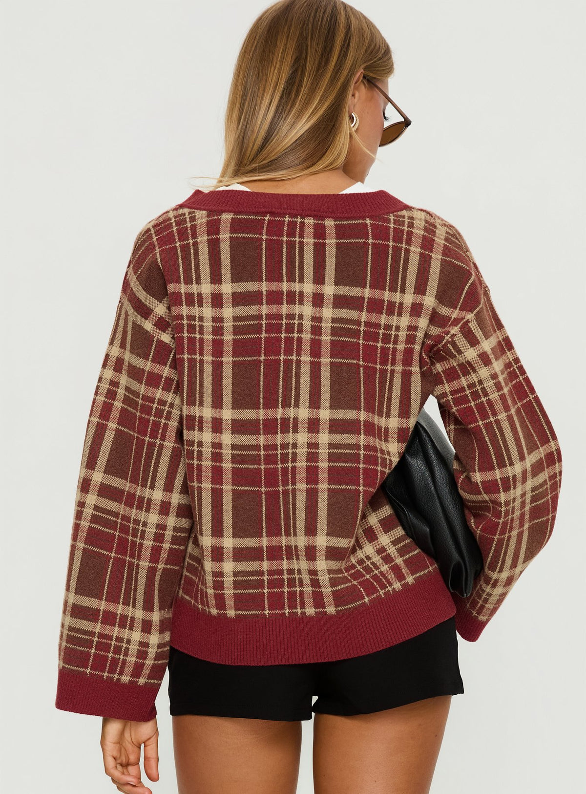 back view of model wearing Princess Polly Sydda V Neck Knit Sweater Red Plaid Cropped Jumpers Jumpers 