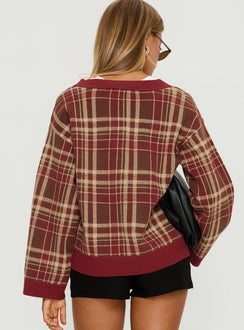 back view of model wearing Princess Polly Sydda V Neck Knit Sweater Red Plaid Cropped Jumpers Jumpers 