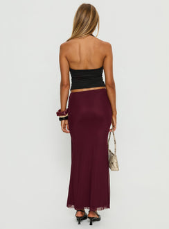 back view of model wearing Princess Polly Caviar Tie Maxi Skirt Currant Maxi Skirts Skirts 