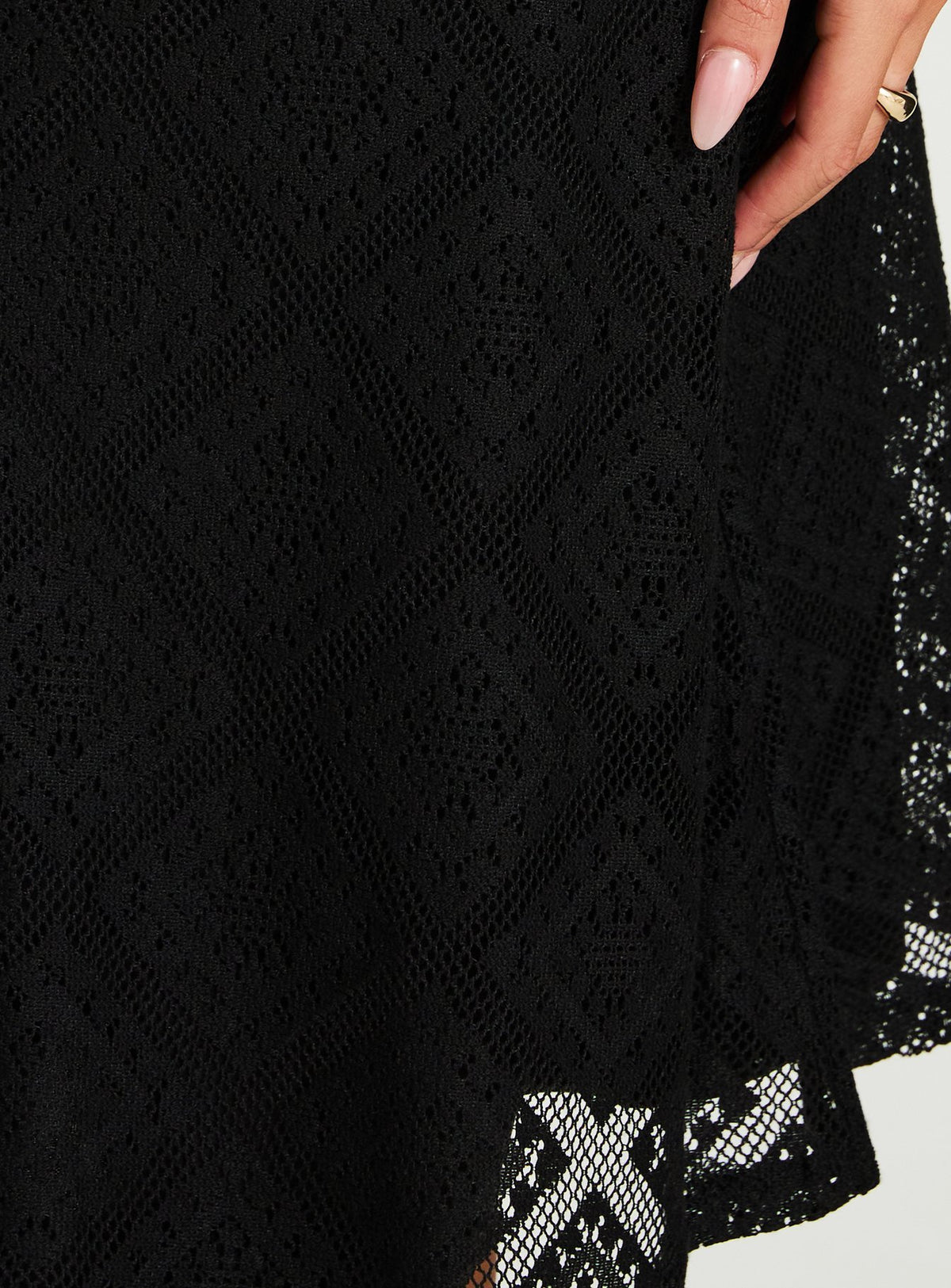 Highlighting the Laicey Lace Midi Skirt in Black womens-skirts with detailed hem craftsmanship Princess Polly
