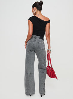 back view of model wearing Princess Polly Chad High Rise Flared Cargo Jeans Washed Grey Mid Rise Jeans Jeans 