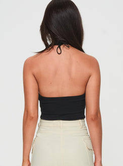 back view of model wearing Princess Polly Find You Halter Bodysuit Black Sleeveless Bodysuit 