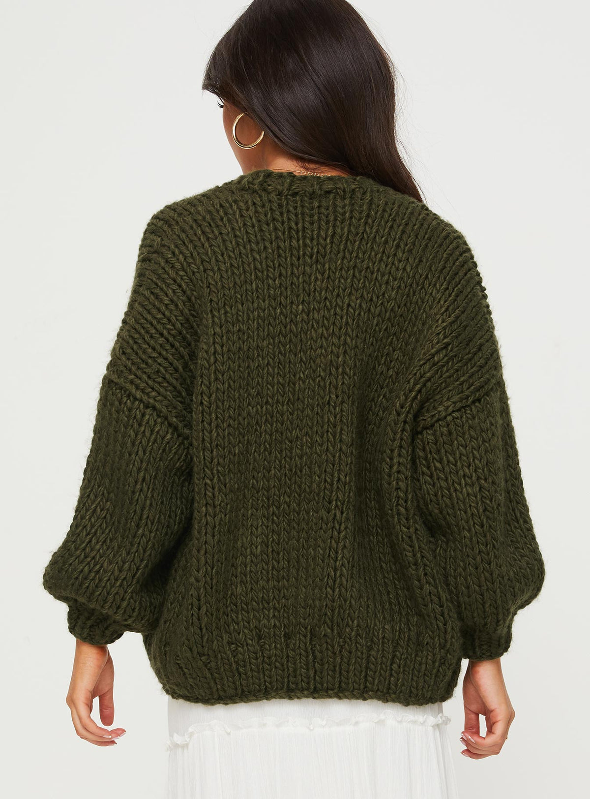 back view of model wearing Princess Polly Lester Knit Cardigan Olive Longline Jumpers Jumpers 