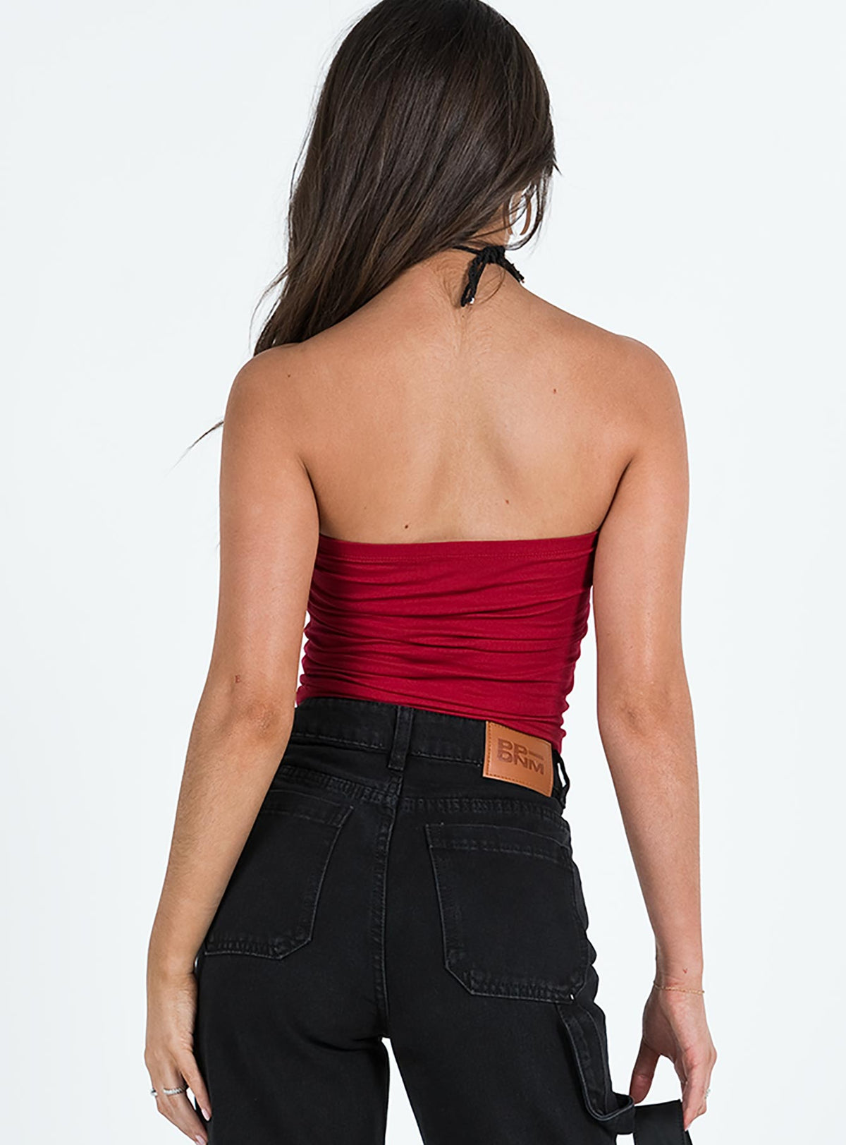 Front view of model wearing  front Princess Polly Sleeveless Square Neck  Cherry Sip Tube Top Red