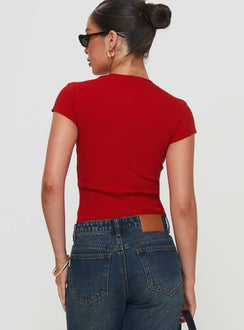 back view of model wearing Princess Polly Suzu Top Red Short Sleeves High Neck 