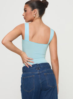 back view of model wearing Princess Polly Keating Bodysuit Baby Blue Sleeveless Bodysuit 
