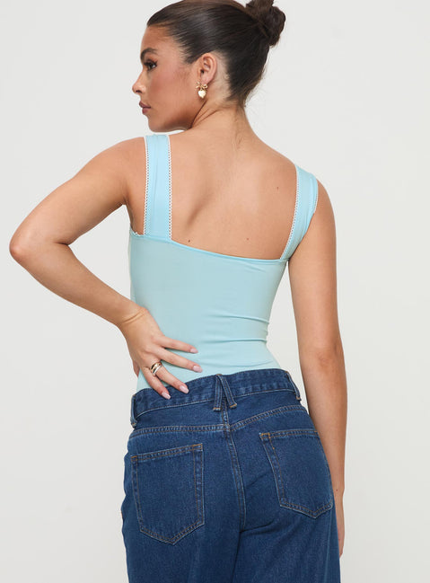 back view of model wearing Princess Polly Keating Bodysuit Baby Blue Sleeveless Bodysuit 