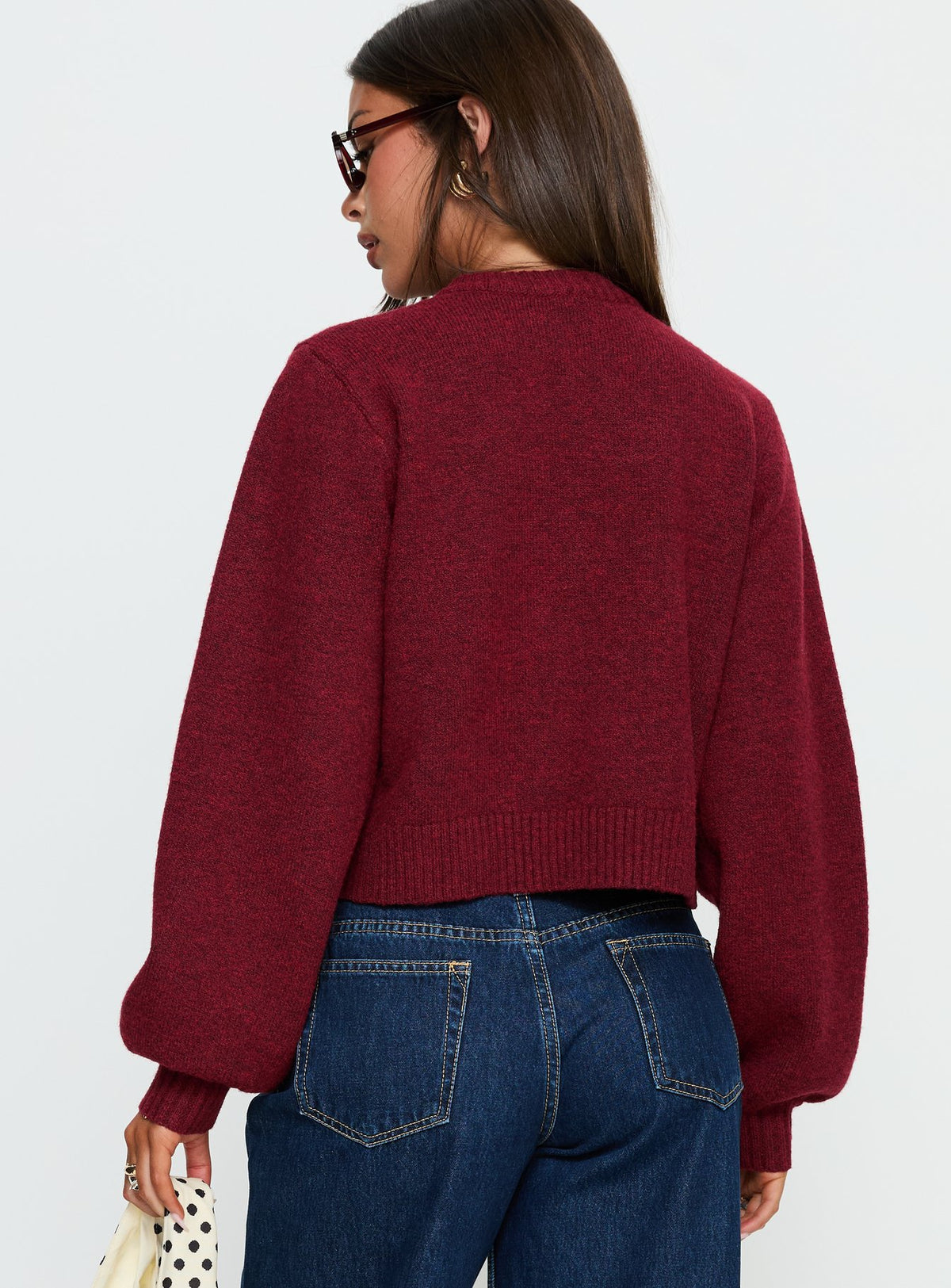 back view of model wearing Princess Polly Kammi Button Up Cardigan Red cropped Jumpers 