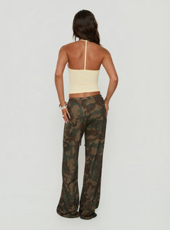 Highlighting the Seylah Waffle Jersey Pants in camo print, womens regular mid-rise wide-leg style, back view of model wearing