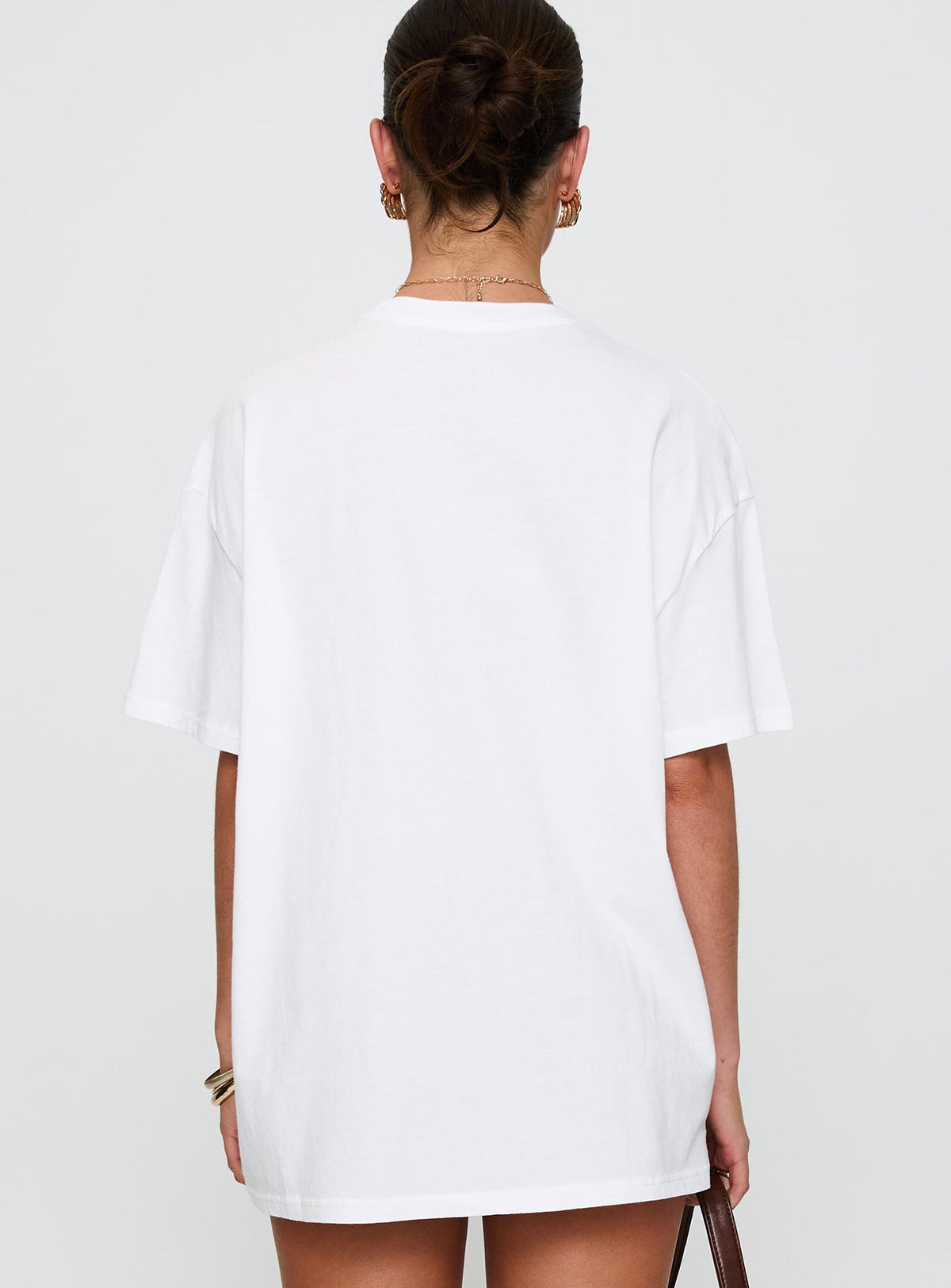 back view of model wearing Princess Polly Love From Tuscany Oversized Graphic Top White Half Sleeves Crew Neck 