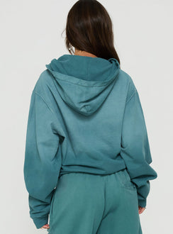 Browse the AT Zip Through Oversized Hoodie in Washed Teal womens-jumpers with short length back view of model wearing Princess Polly