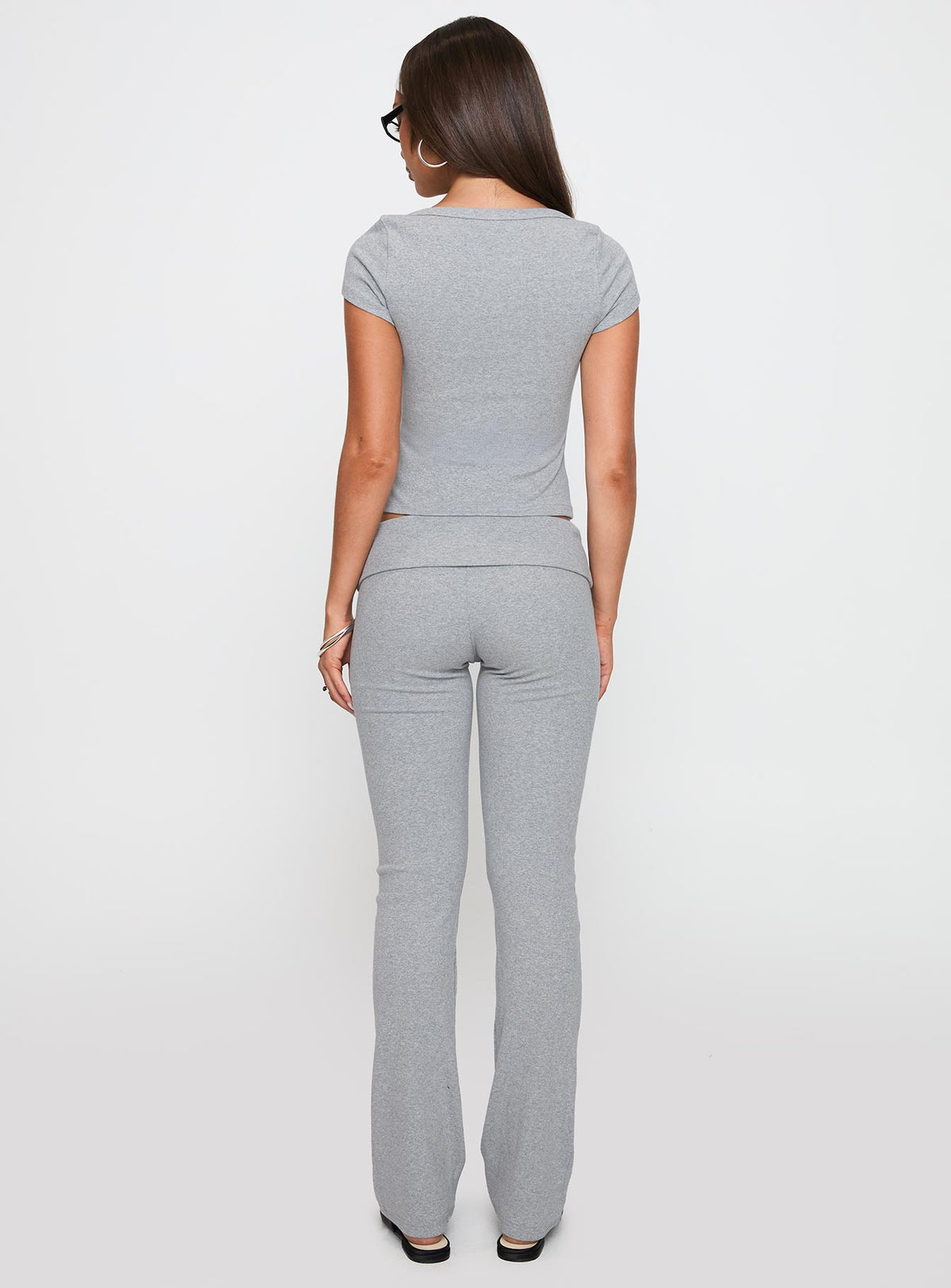 back view of model wearing Princess Polly Truth Be Told Straight Leg Pant Grey Marle Low Rise Pants Pants 