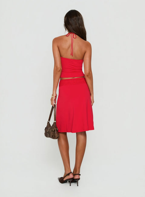 Discover the Zenaide Lace Detail Midi Skirt Red in womens-skirts with aline silhouette back view of model wearing