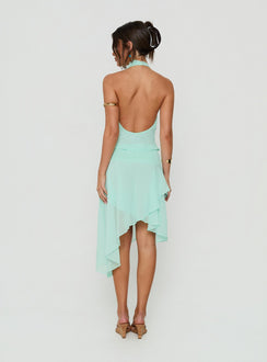 Highlighting the Evaleine Asymmetrical Chiffon Midi Skirt Blue womens-skirts back view of model wearing Princess Polly