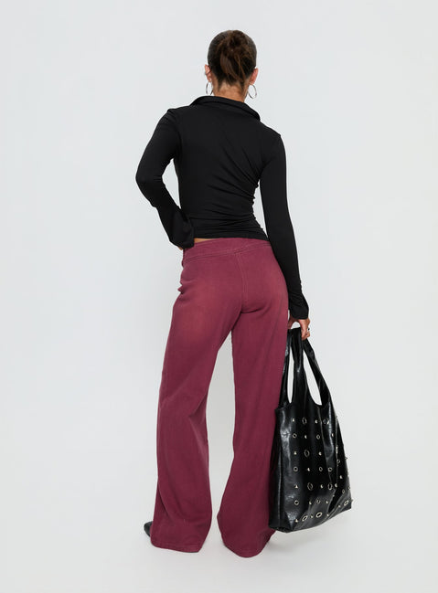 back view of model wearing Princess Polly Boxie Mid Rise Wide Leg Jeans Washed Burgundy Mid Rise Jeans Jeans 
