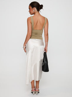 back view of model wearing Princess Polly Priscella Asymmetrical Midi Skirt Multi Midi Skirts Skirts 