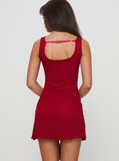 back view of model wearing Princess Polly Lovely Mini Dress Burgundy Boat Neck 