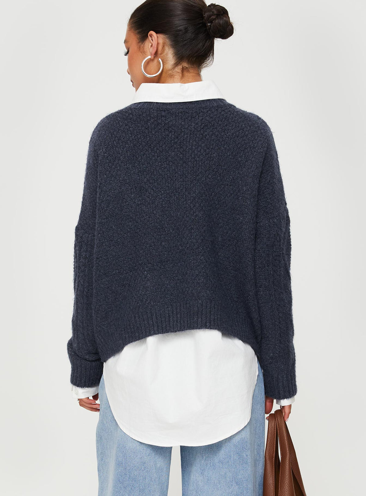 back view of model wearing Princess Polly Canlish Cable Knit Sweater Navy Cropped Jumpers Jumpers 