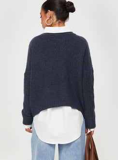 back view of model wearing Princess Polly Canlish Cable Knit Sweater Navy Cropped Jumpers Jumpers 