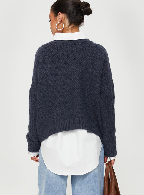 back view of model wearing Princess Polly Canlish Cable Knit Sweater Navy Cropped Jumpers Jumpers 