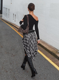 back view of model wearing Princess Polly Scholar Asymmetrical Midi Skirt Grey Check Midi Skirts 