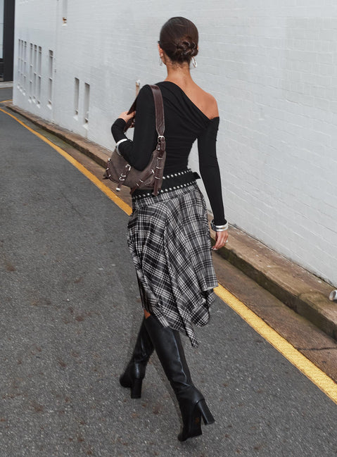 back view of model wearing Princess Polly Scholar Asymmetrical Midi Skirt Grey Check Midi Skirts 
