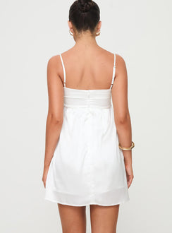 back view of model wearing Princess Polly Ortega Mini Dress White Straight Neck 