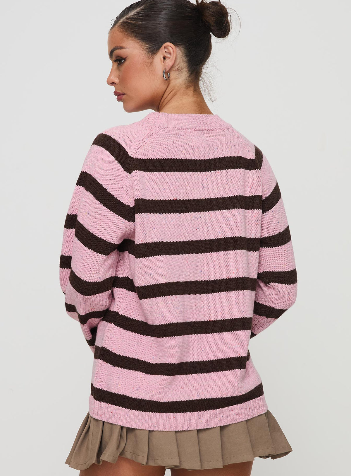 back view of model wearing Princess Polly Jacquette Knit Sweater Pink / Brown Longline Jumpers Jumpers 