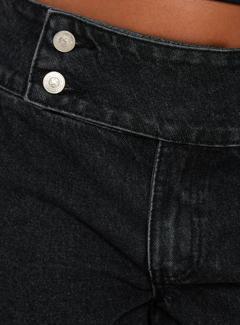 Showcasing the Nikoletta Foldover Jeans Washed Black in high-rise wide-leg style Princess Polly