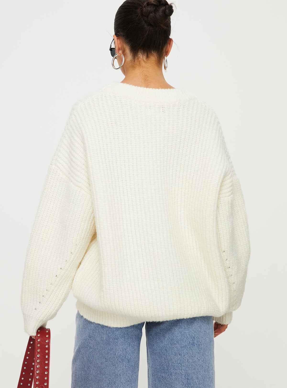 back view of model wearing Princess Polly Jem Oversized Sweater Cream Longline Jumpers Jumpers 