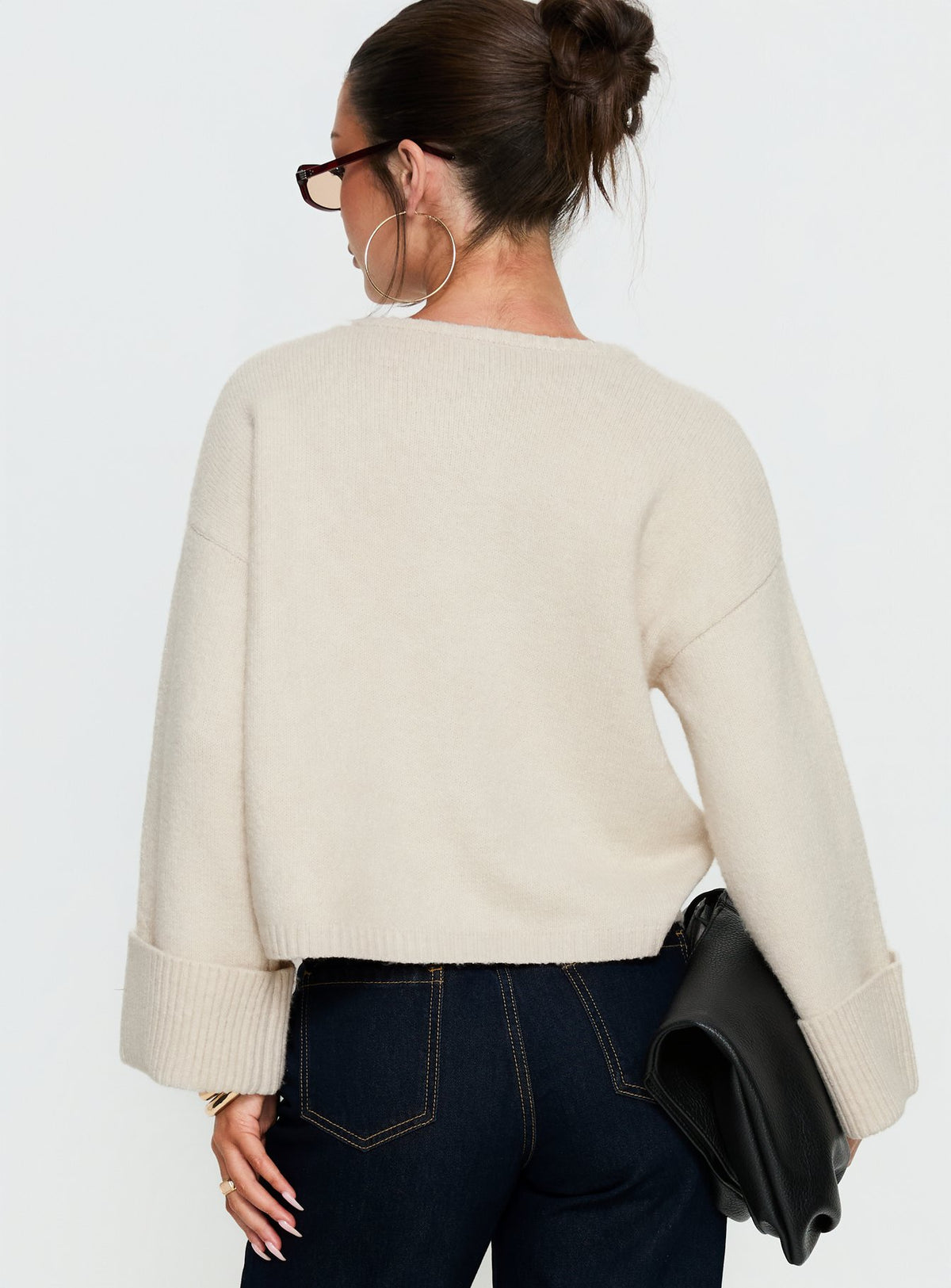 back view of model wearing Princess Polly Shinead Cuffed Knit Cardigan White Cropped Jumpers Jumpers 
