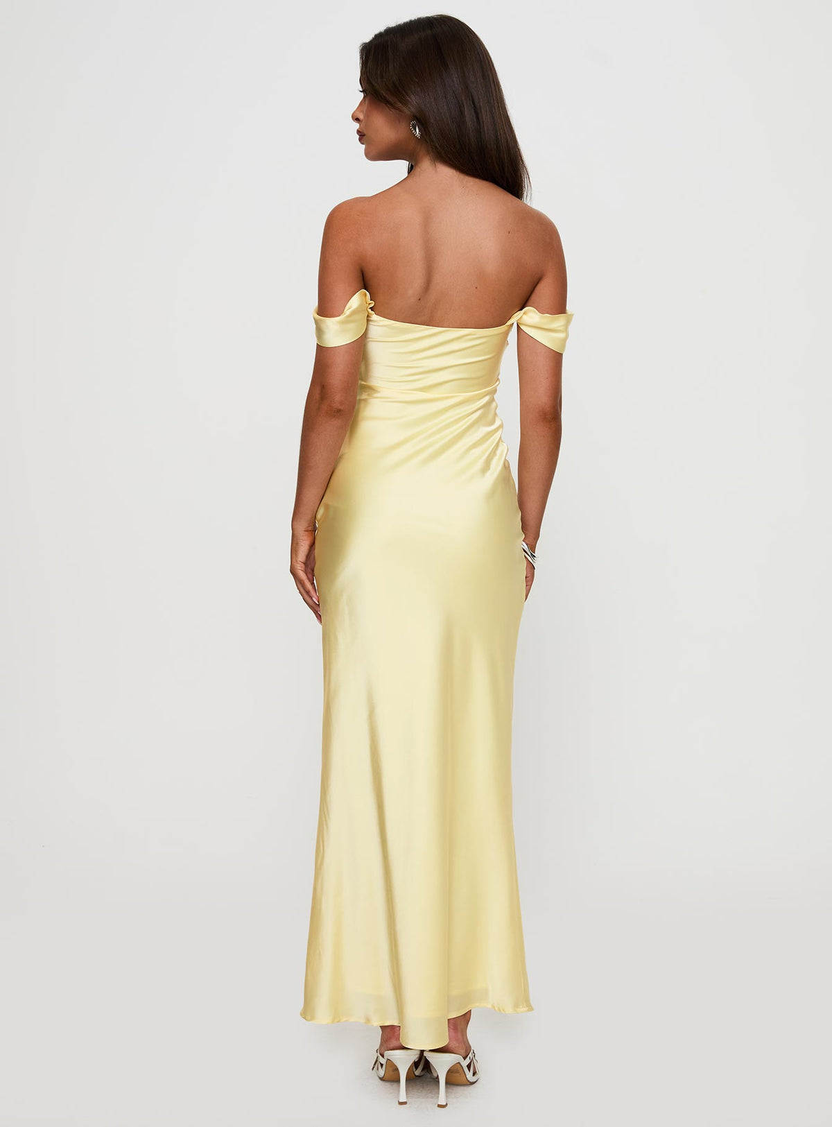 back view of model wearing Princess Polly Azura Off The Shoulder Maxi Dress Yellow Straight Neck 