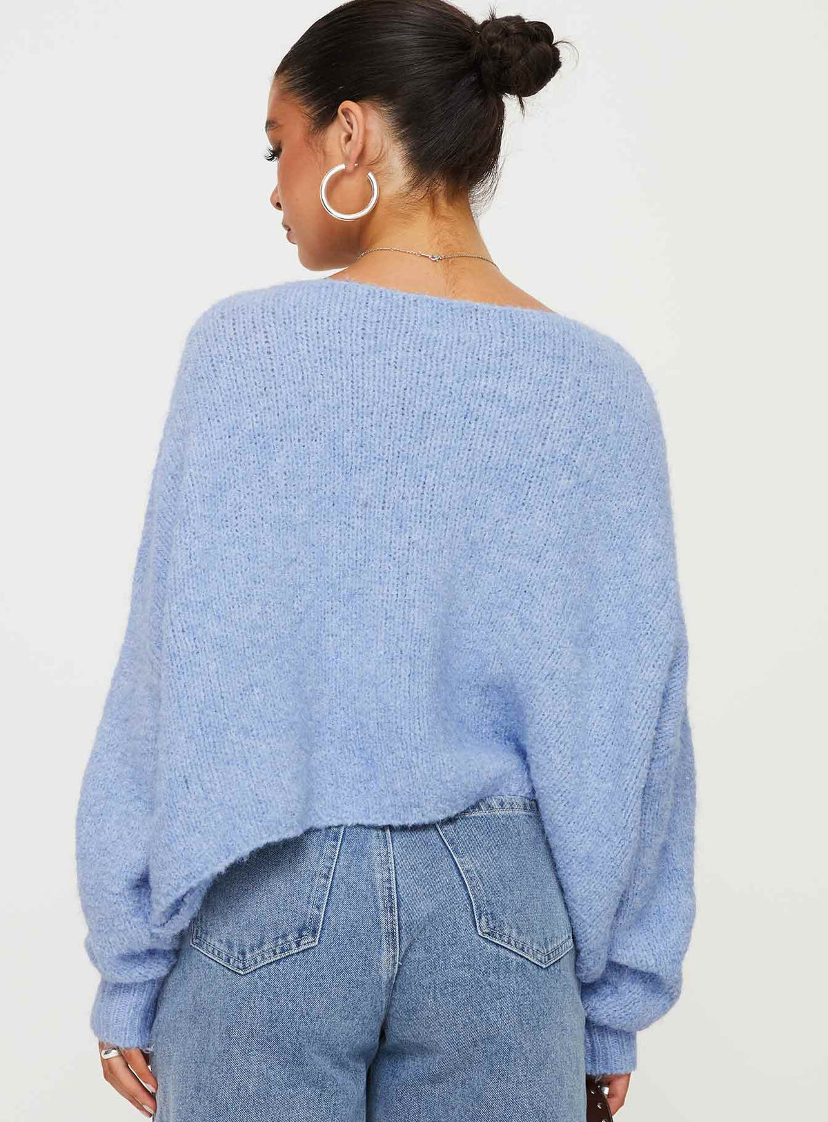 back view of model wearing Princess Polly Ramy Sweater Blue Cropped Jumpers Jumpers 