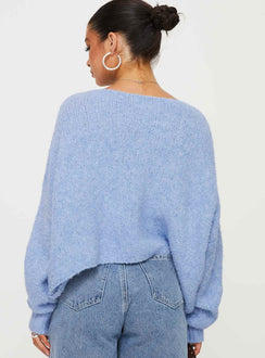 back view of model wearing Princess Polly Ramy Sweater Blue Cropped Jumpers Jumpers 