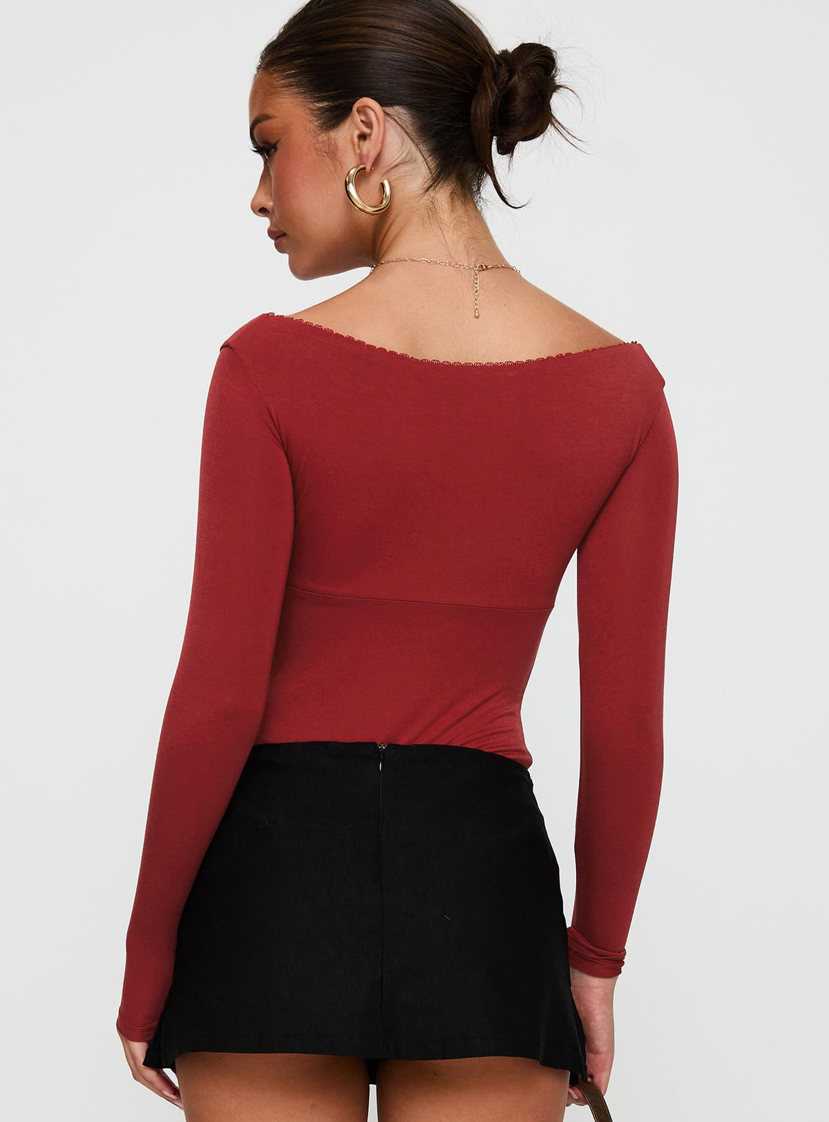 back view of model wearing Princess Polly Loveydove Bodysuit Burgundy Long Sleeve Tops Bodysuit 