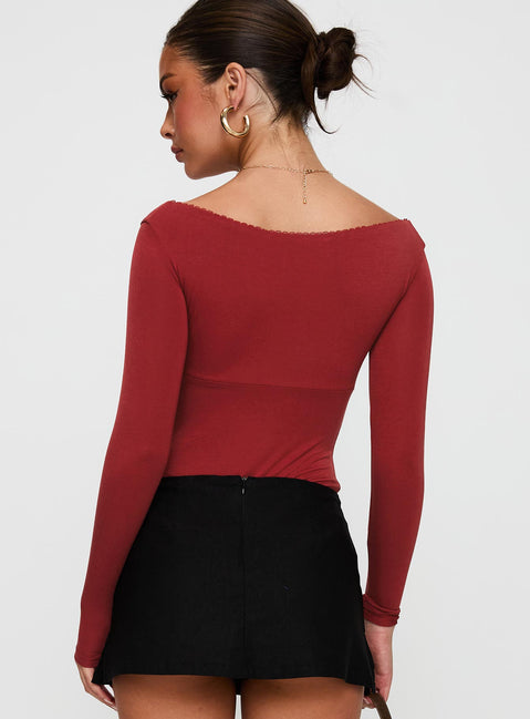 back view of model wearing Princess Polly Loveydove Bodysuit Burgundy Long Sleeve Tops Bodysuit 