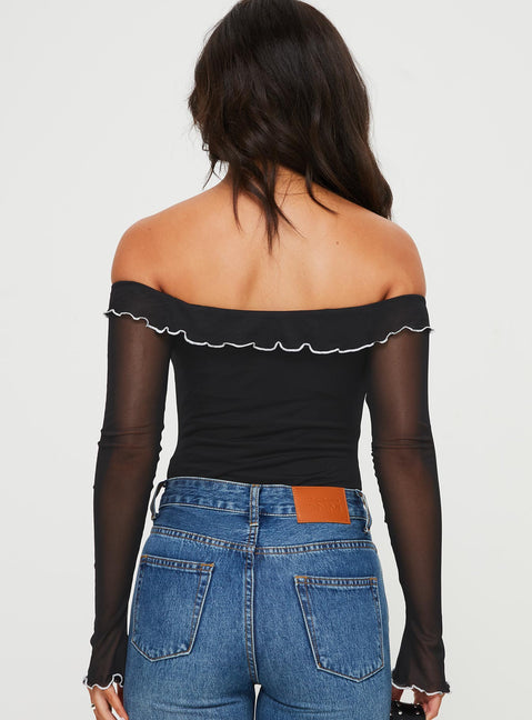 back view of model wearing Princess Polly Arsema Off The Shoulder Bodysuit Black Long Sleeve Tops Bodysuit 