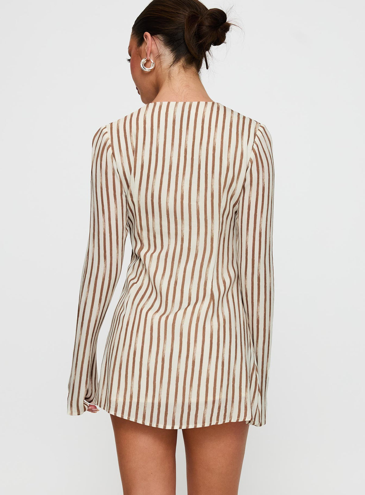 back view of model wearing Princess Polly The Good Life Mini Dress Brown / White Stripe Plunger 