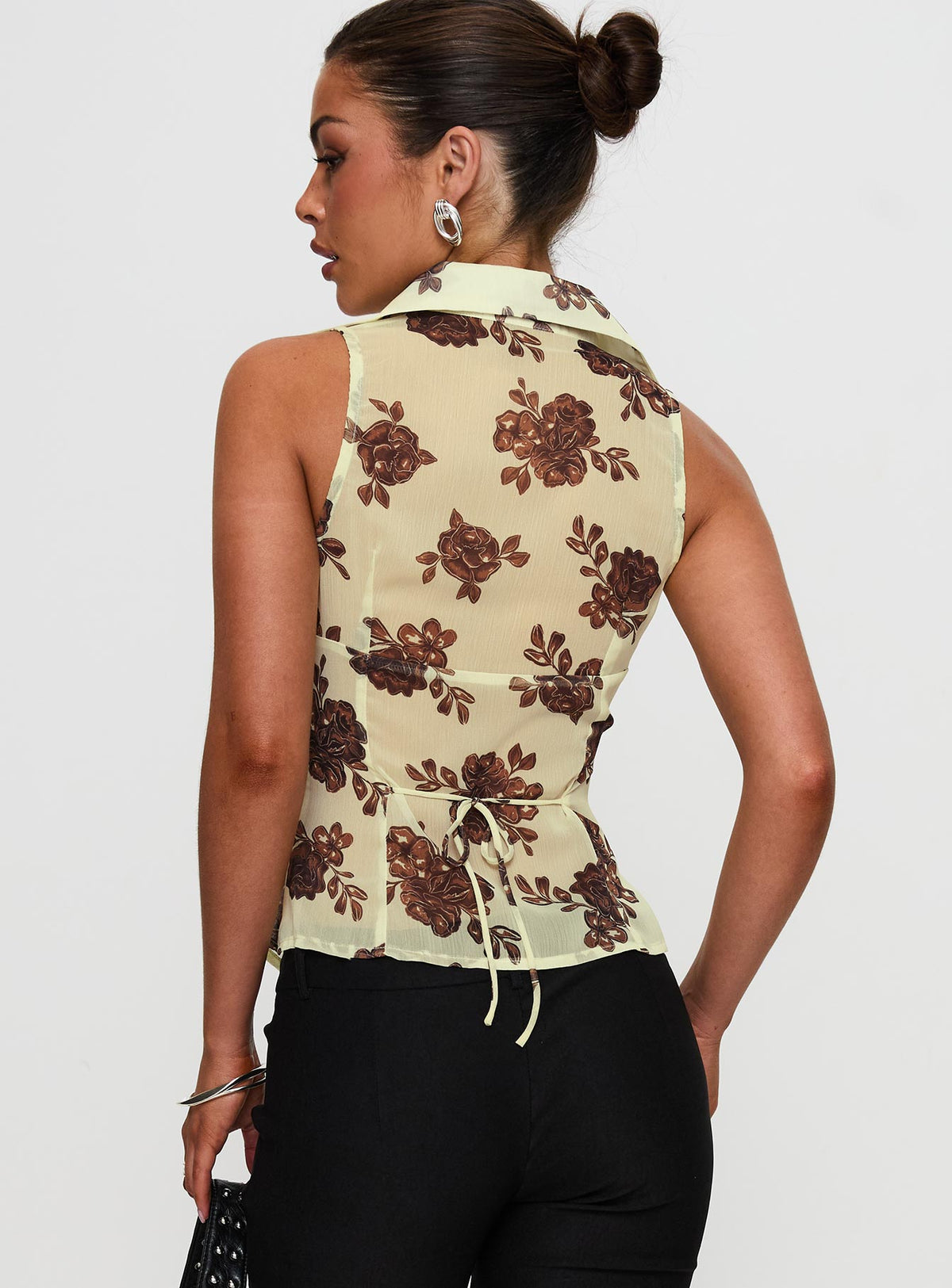 back view of model wearing Princess Polly Present Tense Sheer Ruched Top Yellow Floral Sleeveless V-Neck 