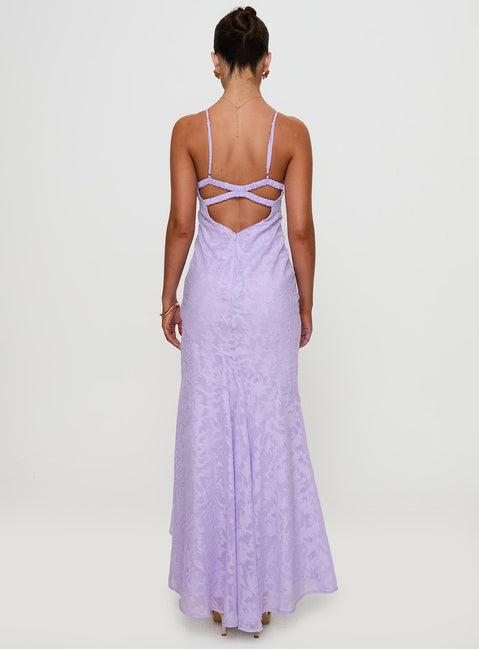 back view of model wearing Princess Polly Cyrene Maxi Dress Lilac Plunger 