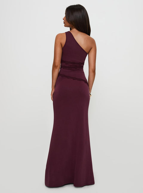 Ultraviolet One Shoulder Lace Maxi Dress Wine