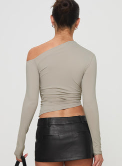back view of model wearing Princess Polly Unplugged Long Sleeve Top Grey Full Sleeves Asymmetric Neckline 