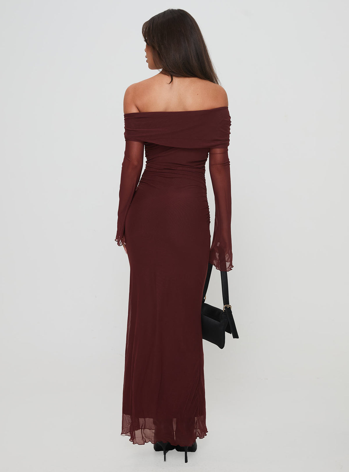 back view of model wearing Princess Polly Consideration Maxi Dress Chocolate Straight Neck 
