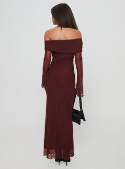 back view of model wearing Princess Polly Consideration Maxi Dress Chocolate Straight Neck 