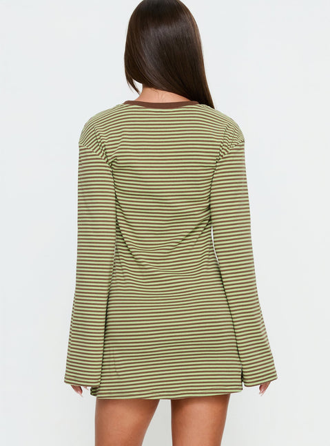 Lulolah Long Sleeve Mini Dress Green / Chocolate Stripe