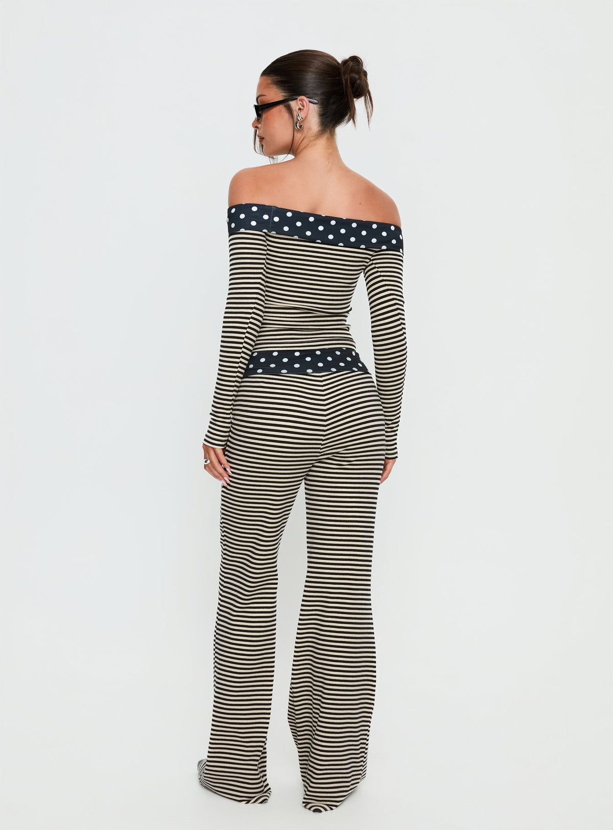 back view of model wearing Princess Polly Virenna Fold Over Pants Black Multi Mid Rise Pants Pants 