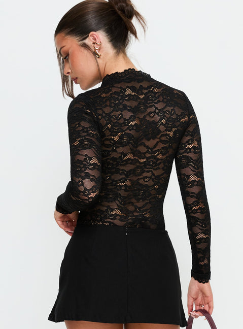 back view of model wearing Princess Polly Kamara Long Sleeve Lace Bodysuit Black Long Sleeve Tops Bodysuit 