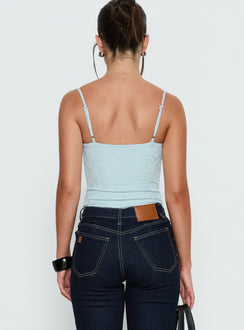 back view of model wearing Princess Polly Alorah Textured Bodysuit Blue Sleeveless Bodysuit 